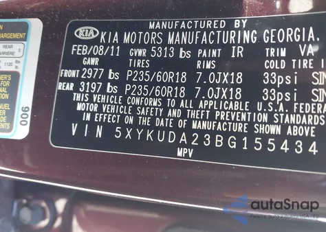 2011 Kia Sorento Ex V6 из США, поврежденный, VIN 5XYKUDA23BG155434